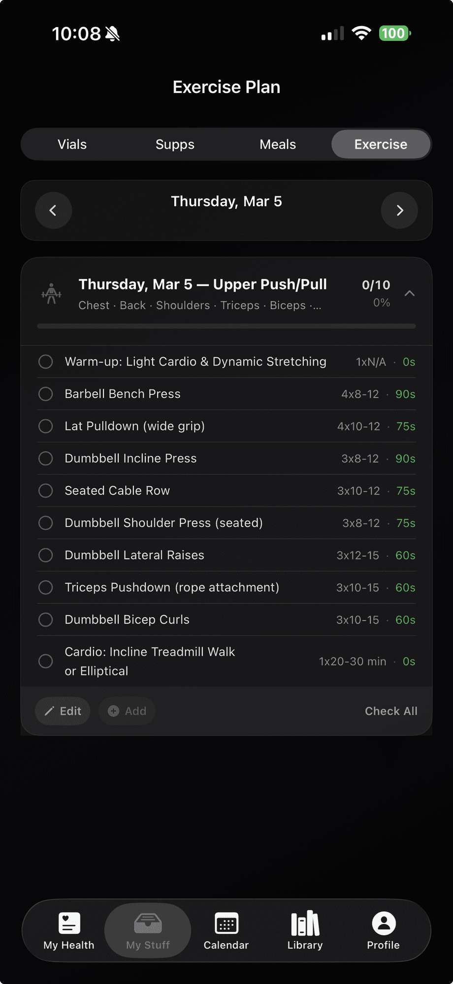 MyTRT exercise plan, upper push pull